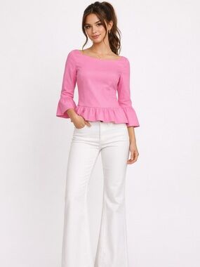 Bebe Top Womens Extra Small‎ Pink Ruffle Trim Bell Sleeve Y2K 2000's Barbiecore